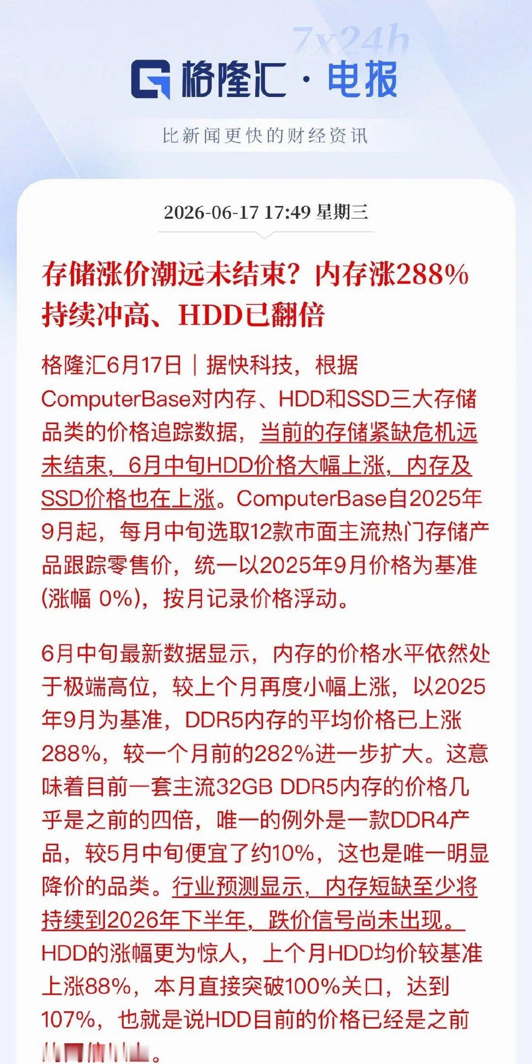 存储涨价潮远未结束？DDR5暴涨288%，机械硬盘直接翻倍存储这轮涨价潮，还在持