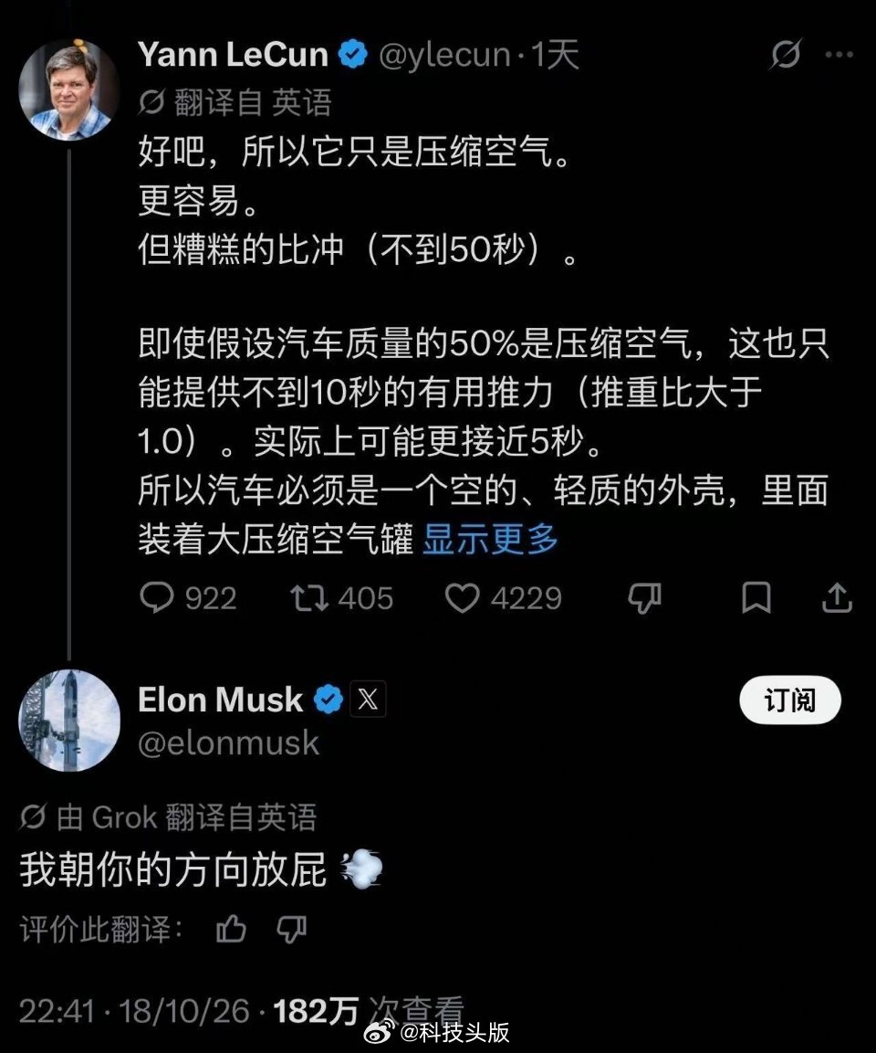 图灵奖得主杨立昆称会飞的特斯拉不实用，马斯克回怼：我朝你的方向放屁。 ​​​
