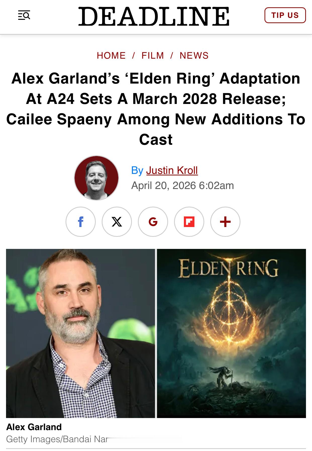 TNABO 亚历克斯·加兰真人版《艾尔登法环》官宣定档2028年3月3日北美上映