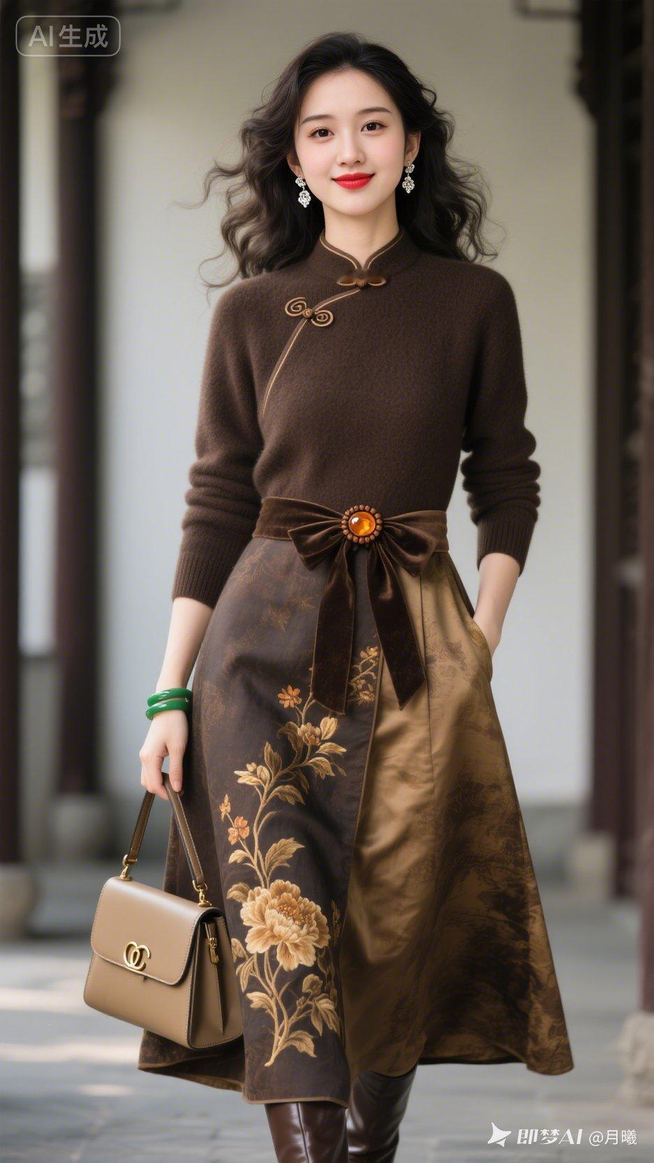 复古风穿搭指南：棕色连衣裙搭配复古手提包，优雅气质满满！