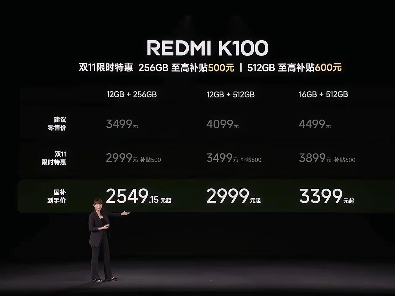 红米K100价格正式公布！
· 12GB+256GB：3499
· 12GB+5