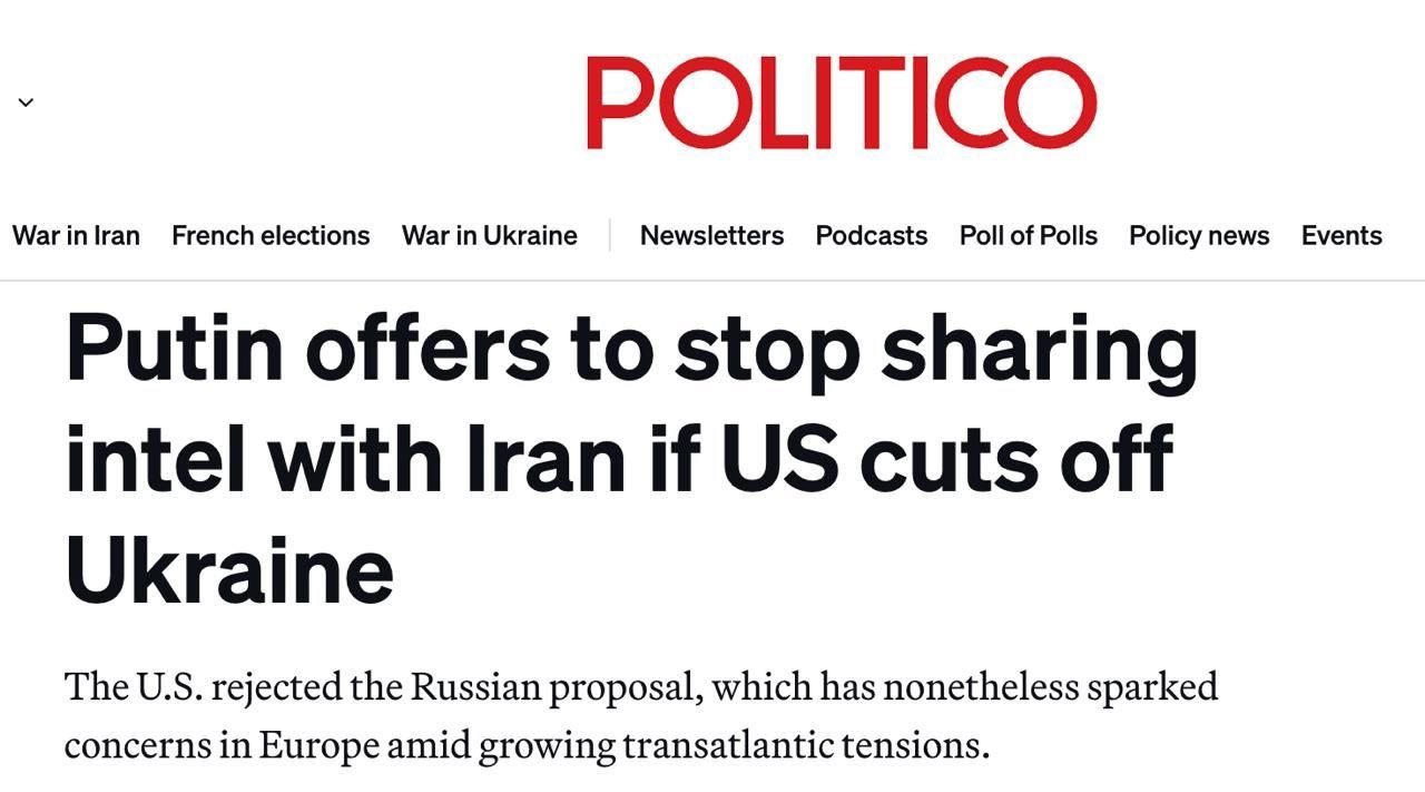 据 Politico 报道，俄罗斯向美国提议，如果美国拒绝向乌克兰转移俄罗斯情报