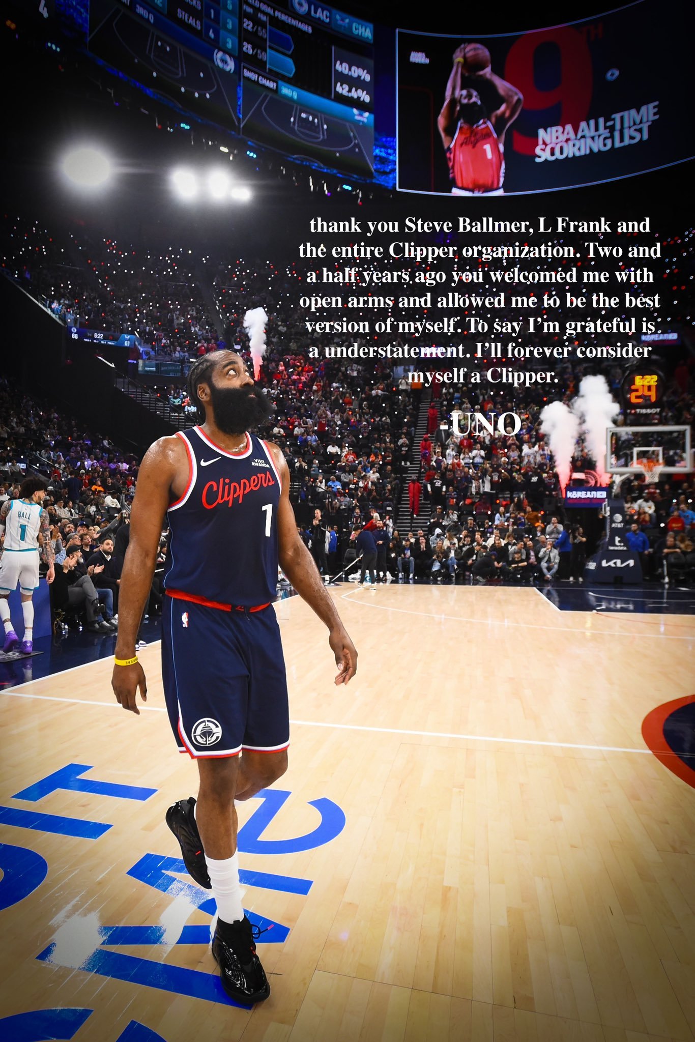 哈登告别快船，感谢鲍尔默、弗兰克和整个快船队。NBA