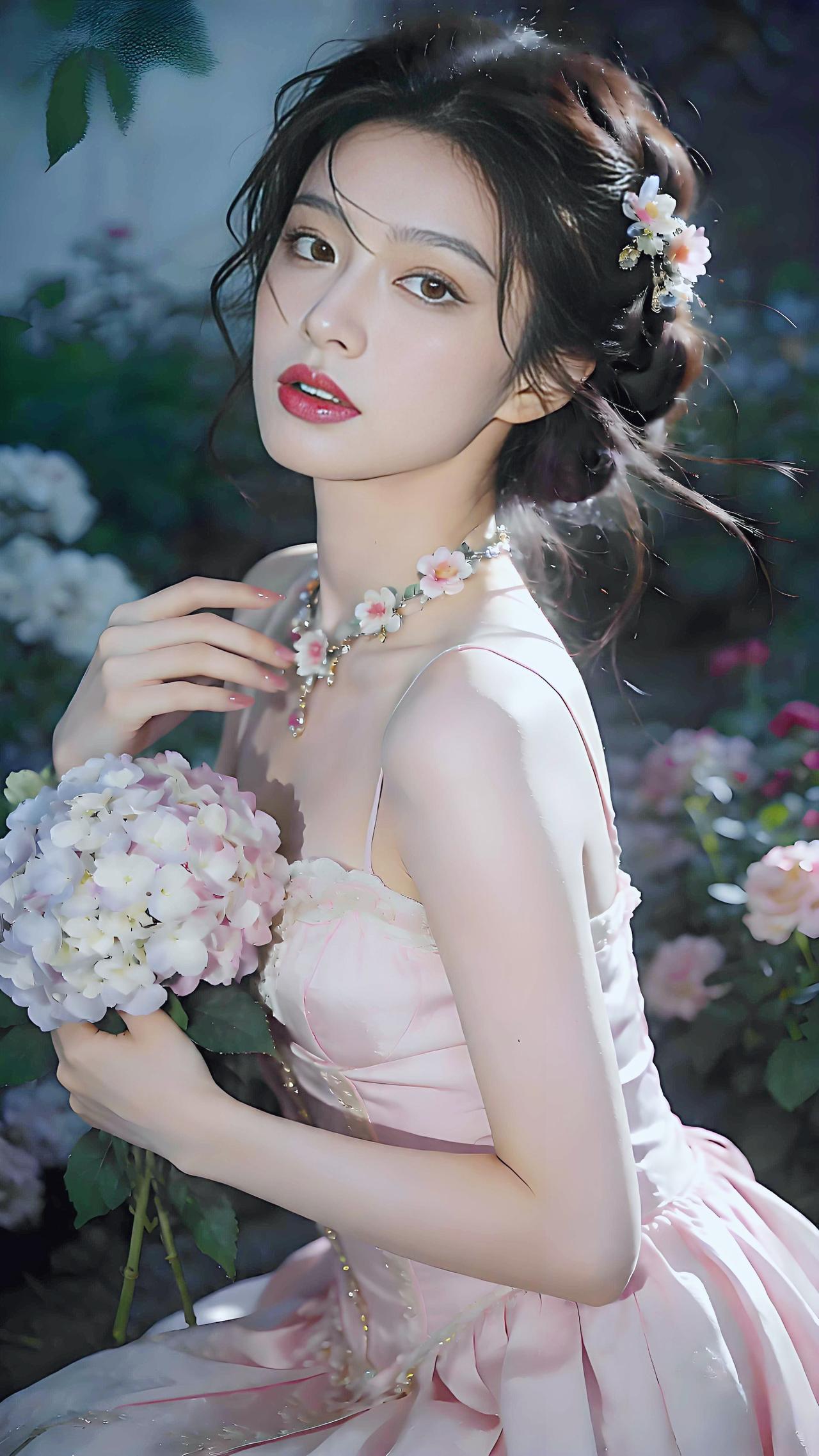 月笼粉裙，花垂幽夜。