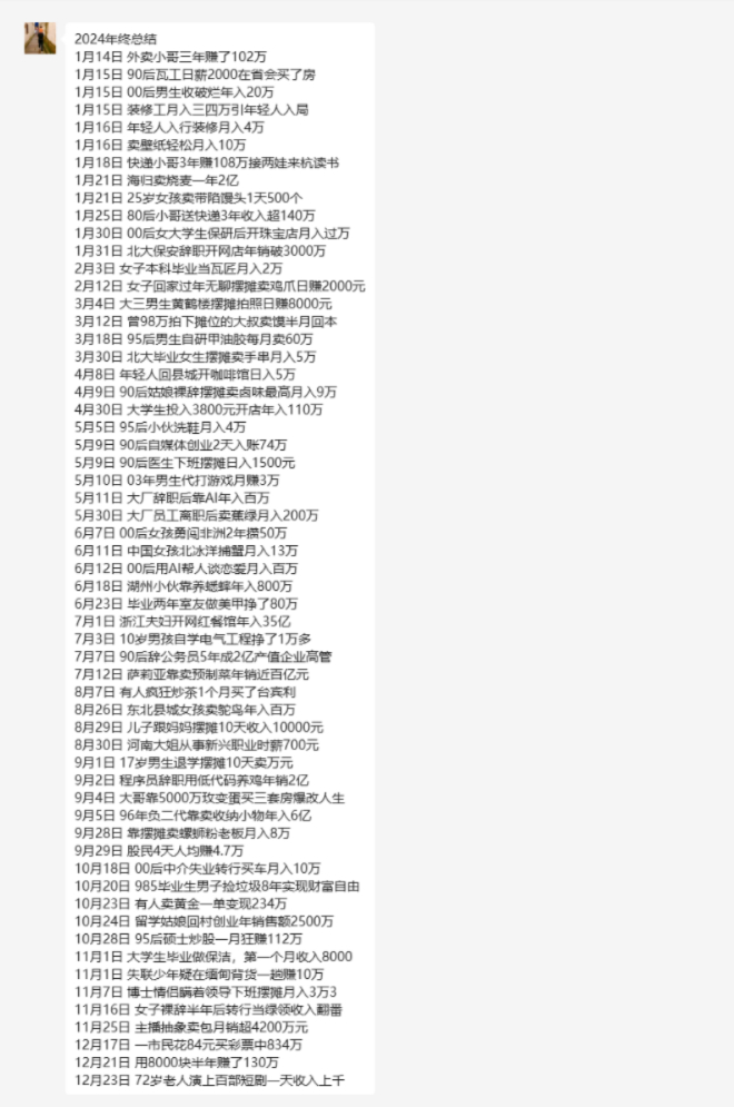 在群里看到一份关于赚钱的年度总结。2024年，从1月份到12月份，媒体朋友们会时