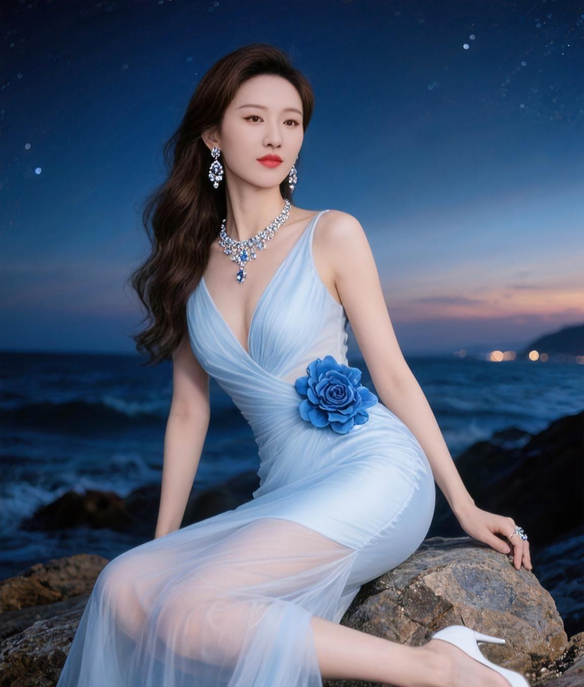 今晚的海边微风正好，我穿着这条梦幻长裙，坐在岩石上，海浪声与我相伴，星星点点，仿