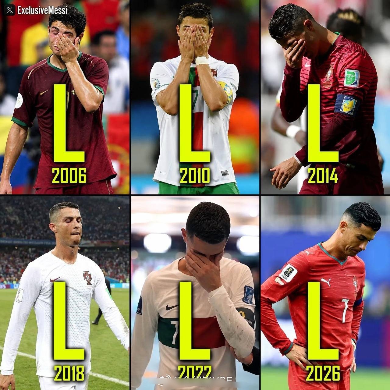 男人一辈子只哭😭六次 2006德国世界杯，2010南非世界杯，2014巴西世界