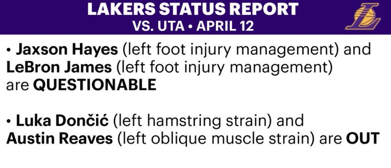 没有安排轮休，湖人要拿下爵士：海斯（左脚伤病管理）、詹姆斯（左脚伤病管理）出战成