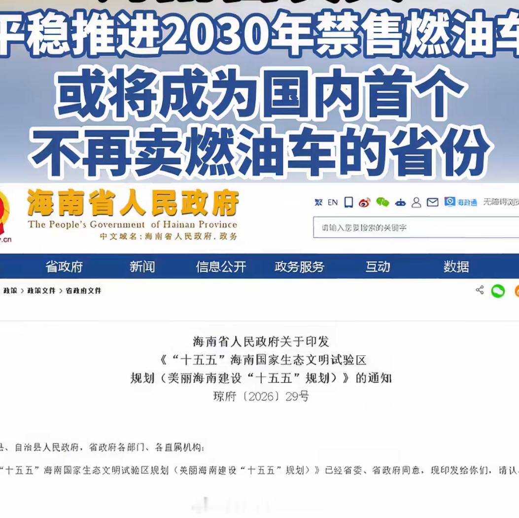 时间2030年，地点海南全省，这可能会成为中国首个禁售燃油车的省份，这会成为大趋