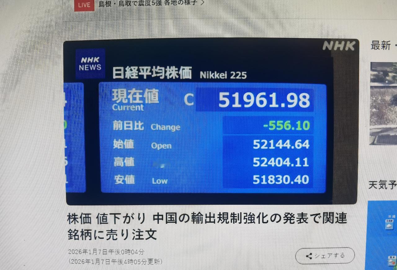 日本股价下跌 中国宣布加强出口管制相关个股遭抛售  
        日媒1月7
