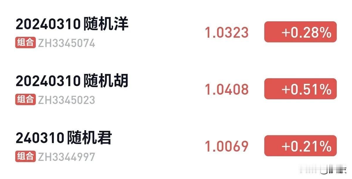 3月10号建的3个随机仓，到今天全部正收益，其中以毫无股市经验的理发店老板胡的涨