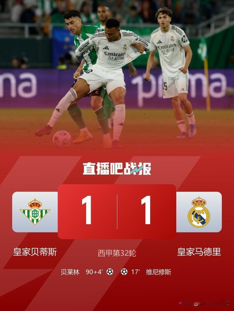 读秒绝平！皇马1-1遭贝蒂斯逼平，先赛一场距榜首巴萨已达8分！

西甲第32轮，