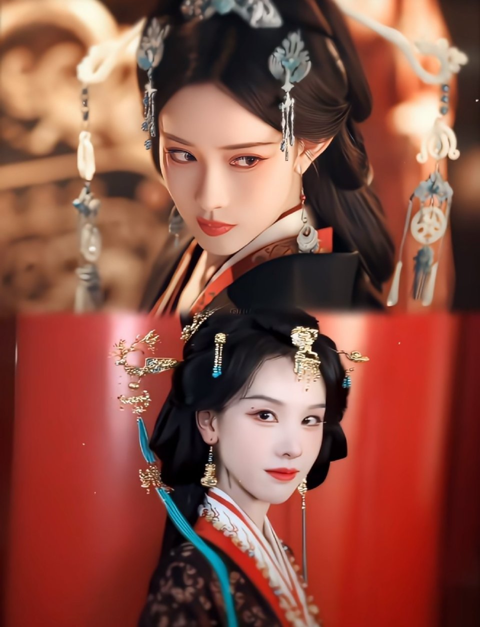 孟子义和陈都灵的眼神杀，都是女帝范儿，妆造也都类似。 ​​​