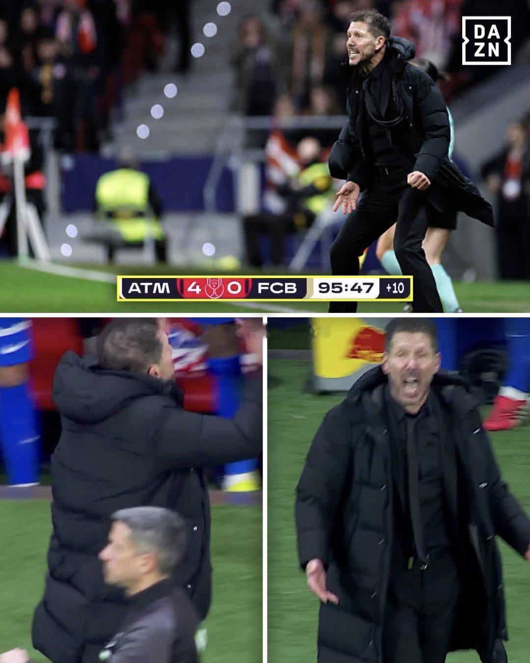 马竞4比0巴萨 西蒙尼的职业精神真的夸张，4比0领先巴萨，比赛最后时间了，他感觉