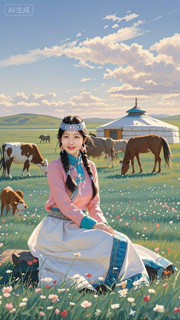 这位小姐姐在花海中坐着，好惬意！