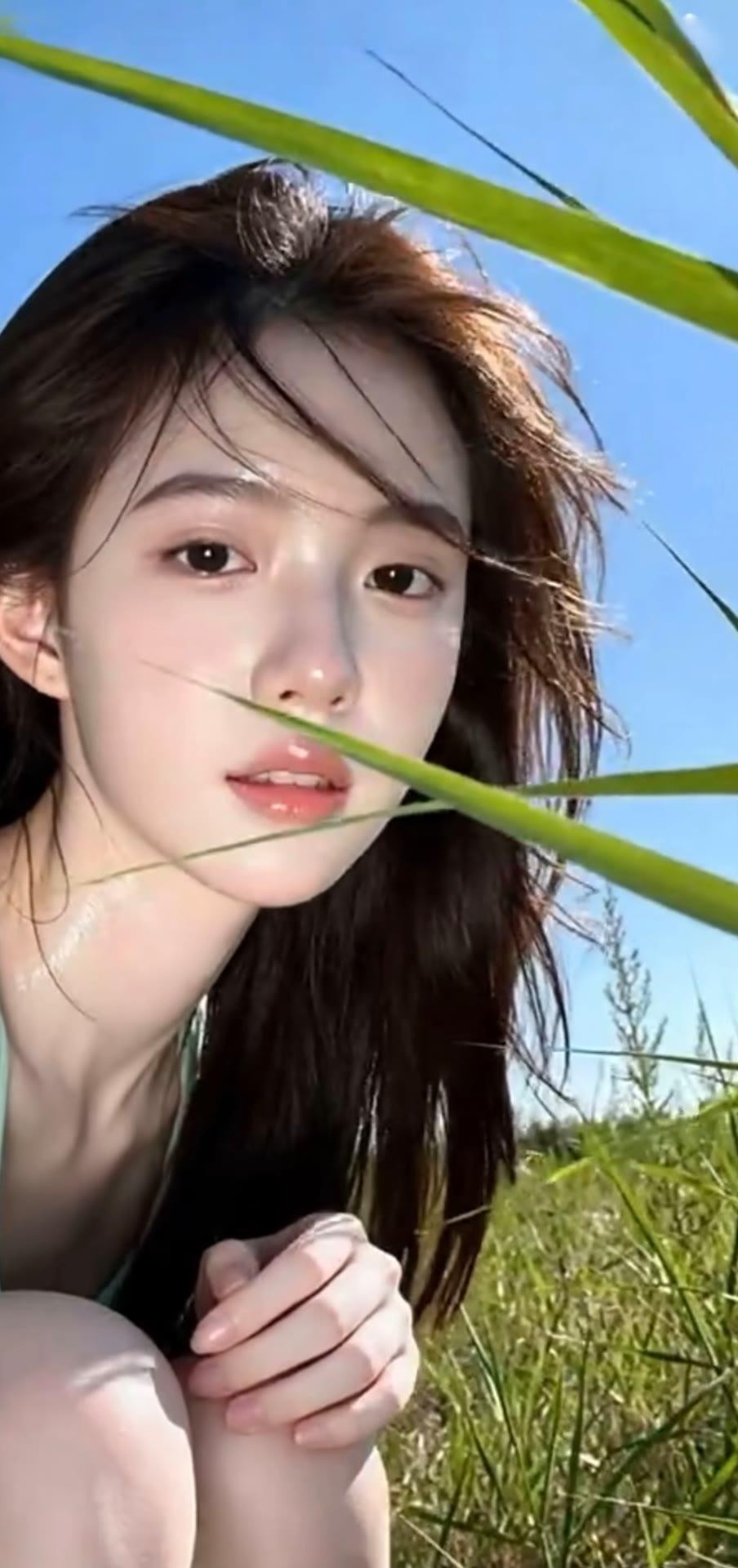 阳光下的少女，微风轻拂发梢，自然清新