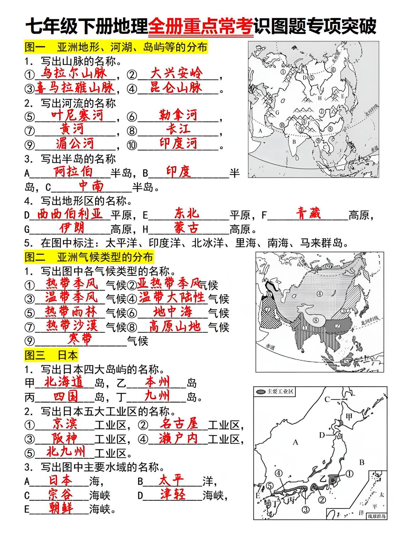 七年级下册地理填图册