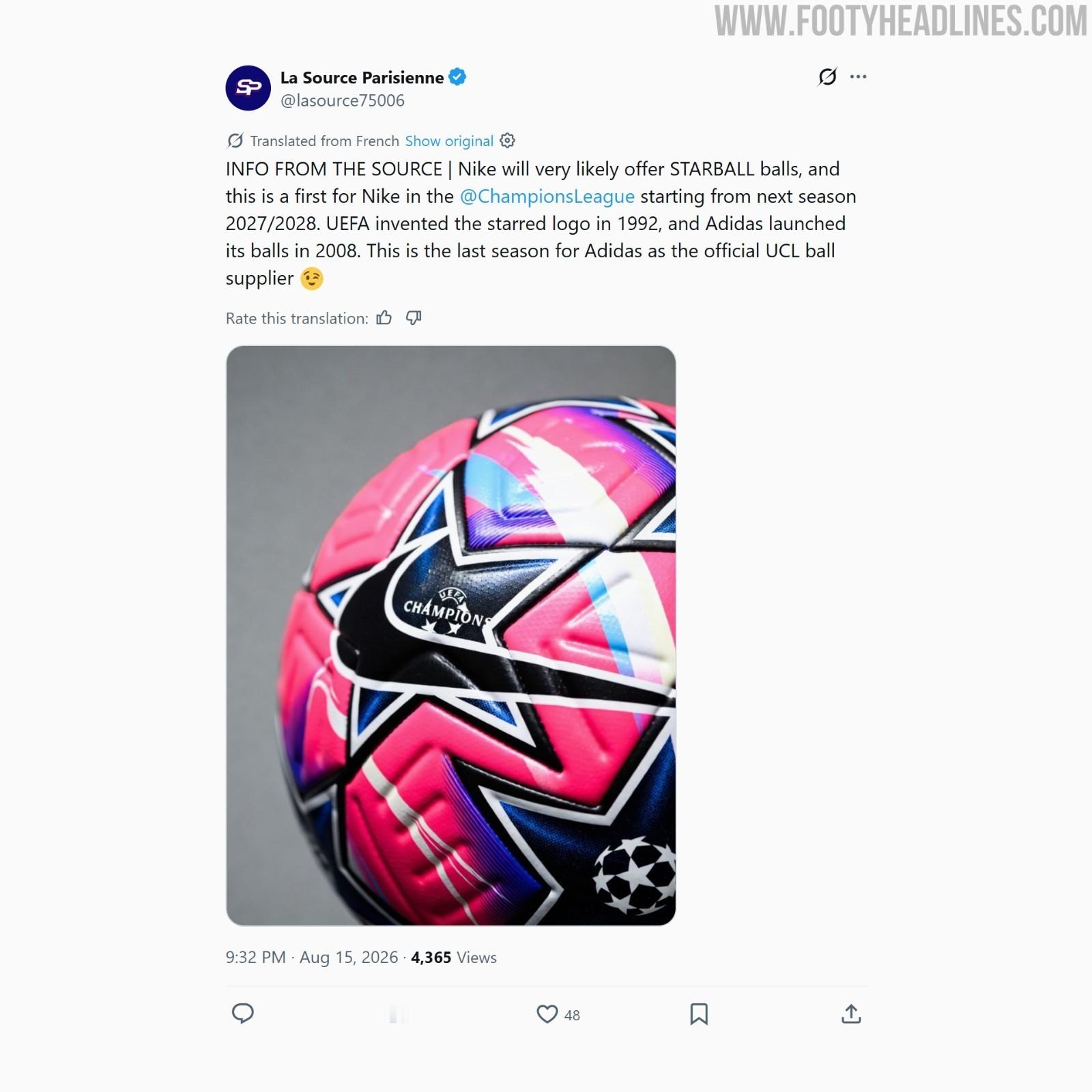 欧冠 比赛用球要换赞助商了，大家觉得好看不？FootyHeadlines消息，阿