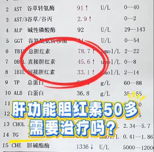 肝功能胆红素50多，需要治疗吗？ 正常情况下，总胆红素的正常范围为3....