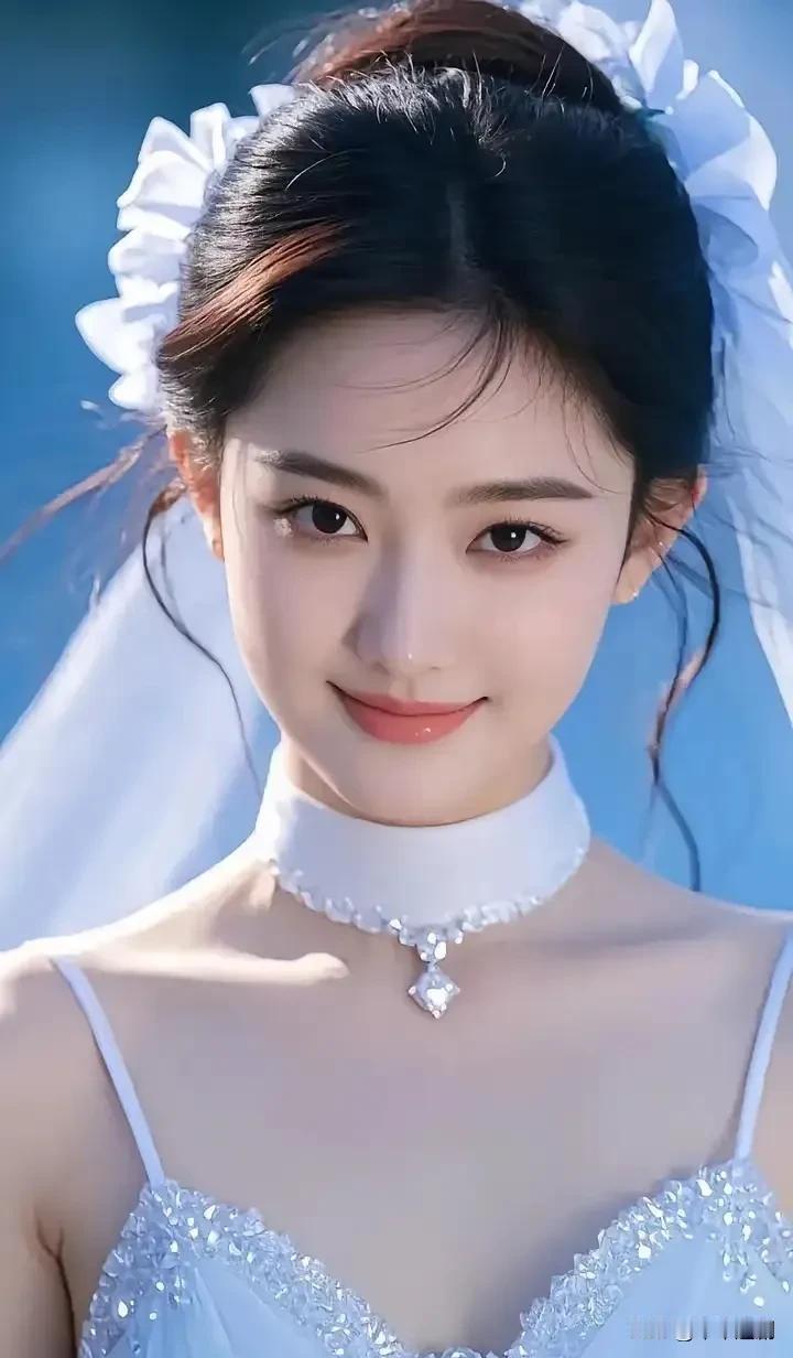 头纱裹着浅蓝的风，颈间钻光衬得笑眼更软。发梢沾的碎光，是今天最温柔的糖。
 
仙