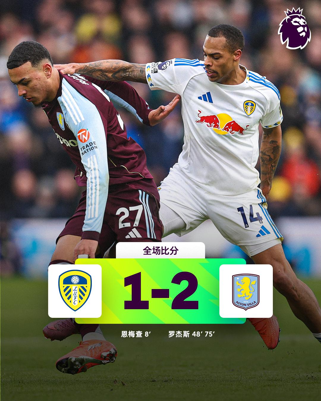 全场比分丨利兹联 1-2 阿斯顿维拉
 
⚽第8分钟，马丁内斯解围失误，恩梅查头