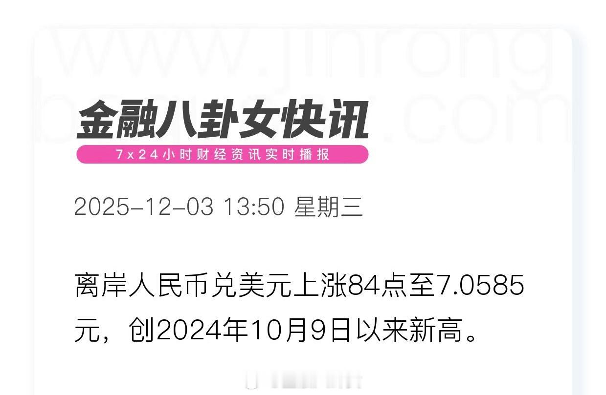 离岸人民币兑美元上涨84点至7.0585元，创2024年10月9日以来新高。 
