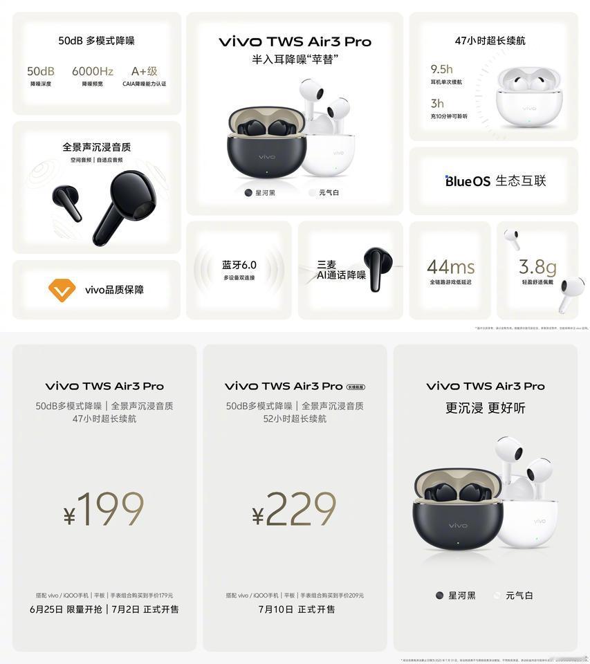 vivo TWS Air3 Pro 只需要199起！
很划算啦！

半入耳设计，