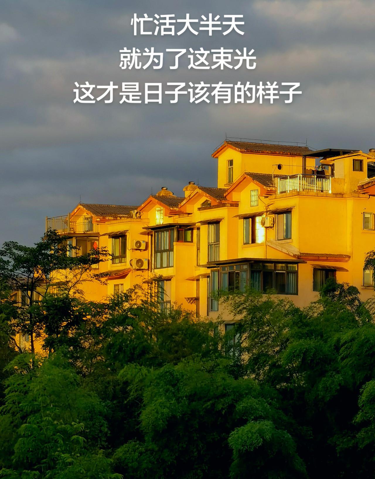 层楼暖色落残阳，黛云漫卷覆穹苍。
繁枝隐舍藏幽趣，一抹金光入画长。
黄昏时刻的小