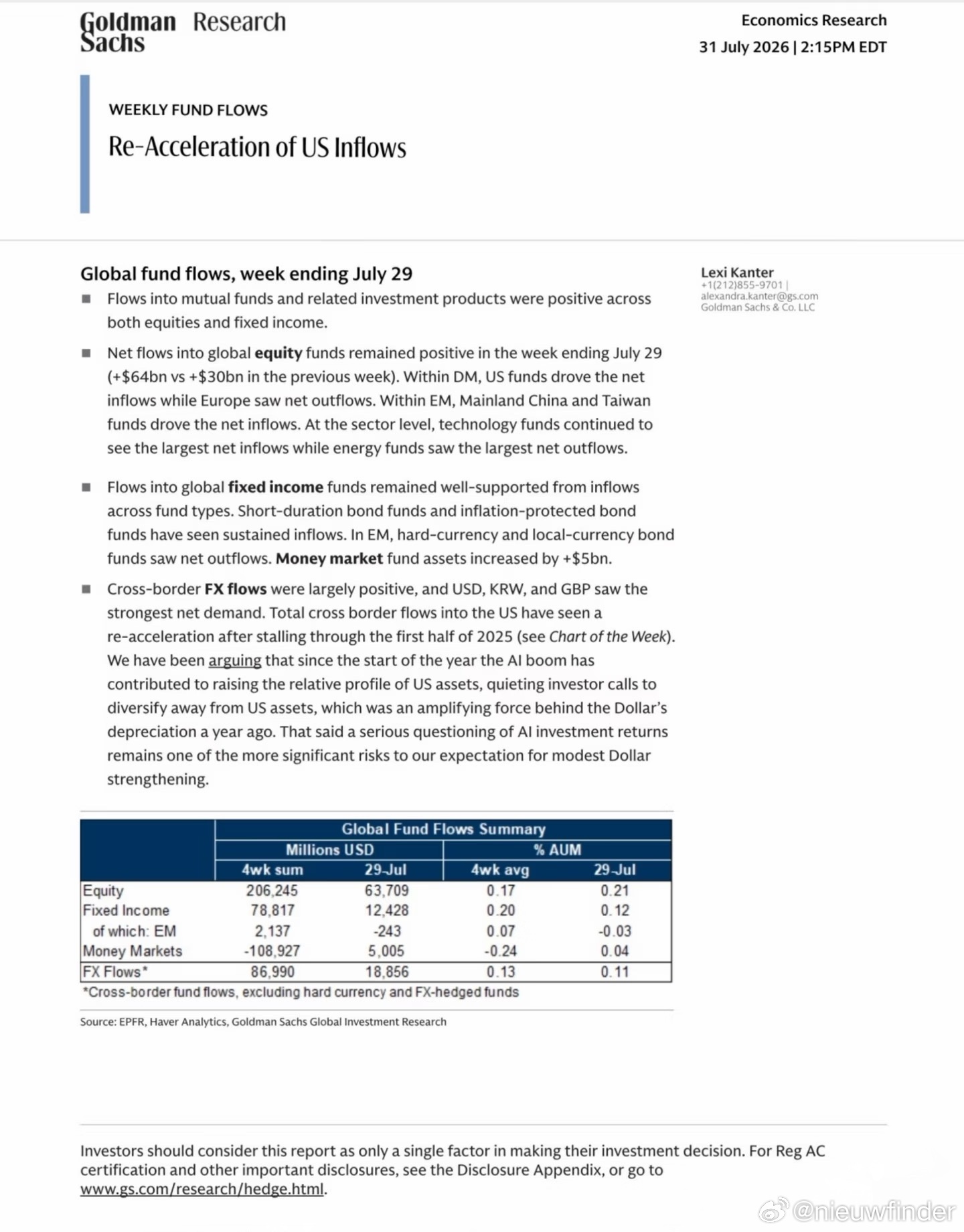 GS: Re-Acceleration of US Inflows 