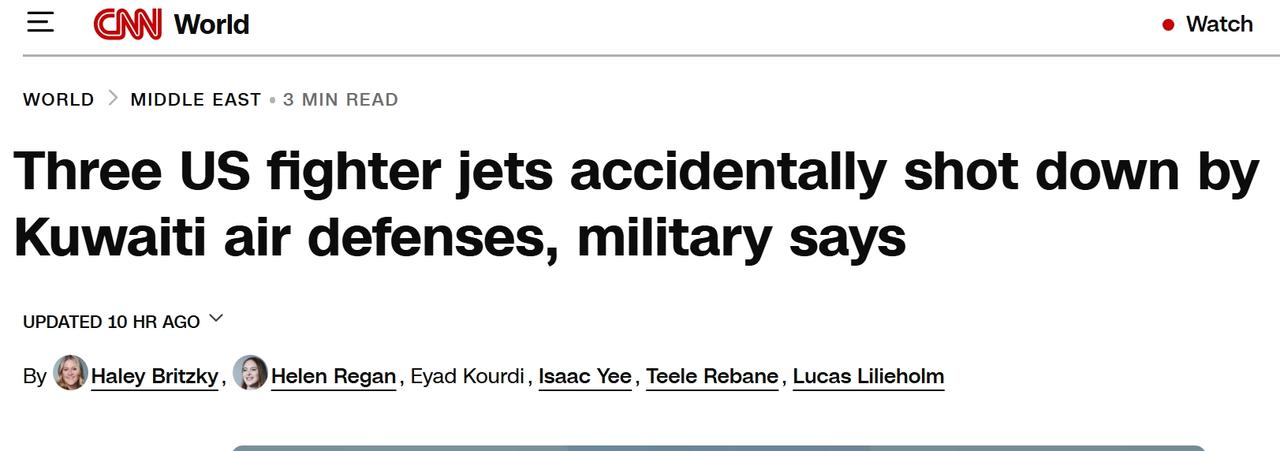 美军证实：三架F-15E战斗机被科威特防空系统意外击落
当地时间周一，美国军方在