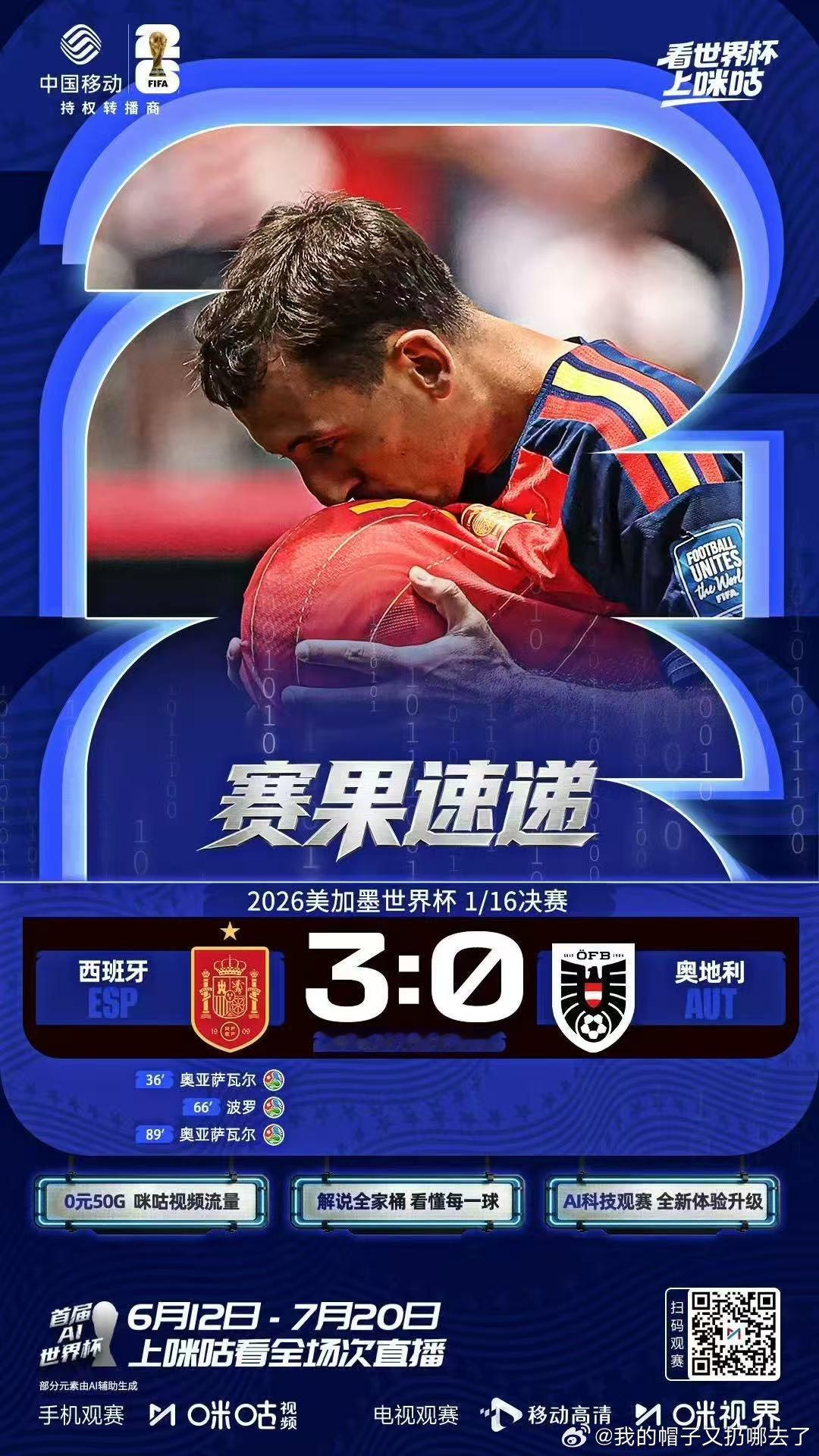 西班牙3比0奥地利奥亚萨瓦尔梅开二度西班牙三球完胜奥地利顺利晋级，奥亚萨瓦尔独中