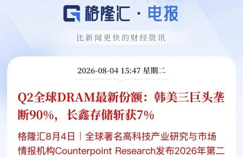长鑫DRAM干到全球7%，韩美三巨头垄断铁板被撬开了刚出炉的2026年Q2全球D
