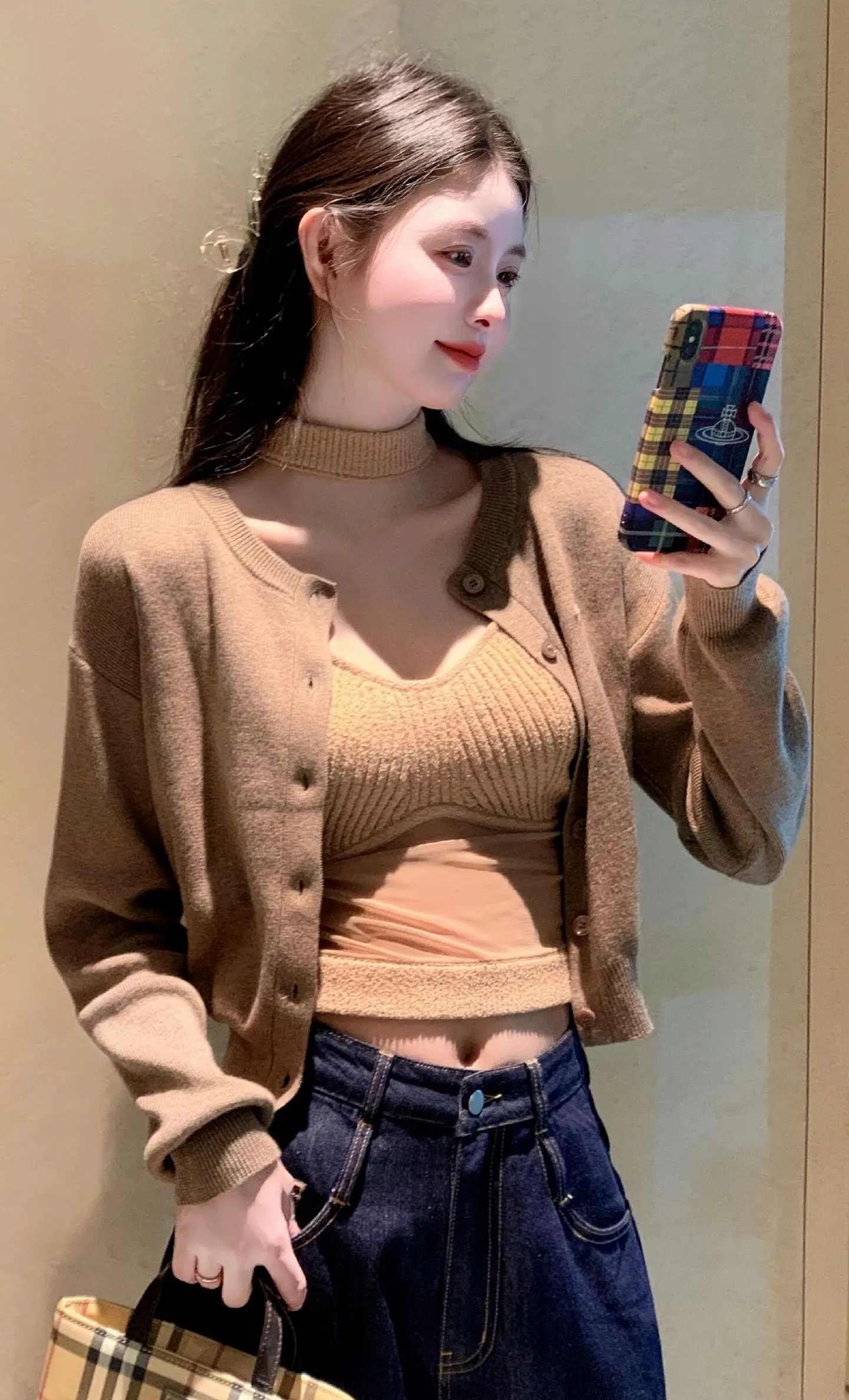 美拉德入秋~🍂美拉德色系针织开衫➕纯欲网纱拼接绕脖针织背心吊带➕显瘦...