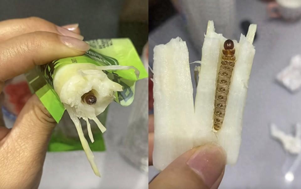 “太膈应了！”江苏，有网友发视频称自己在吃零食笋干时，吃出了一条完整的竹虫。这款