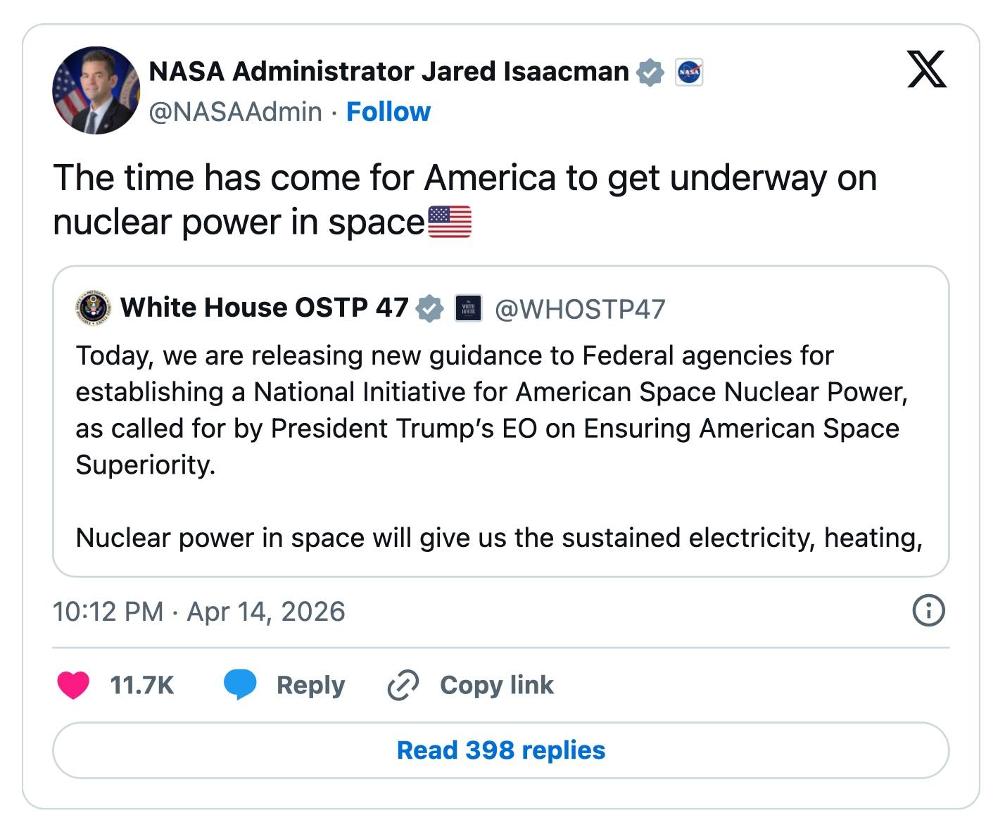 美国政府宣布启动国家太空核能计划目前有这方面技术储备的有两家公司：NANO Nu