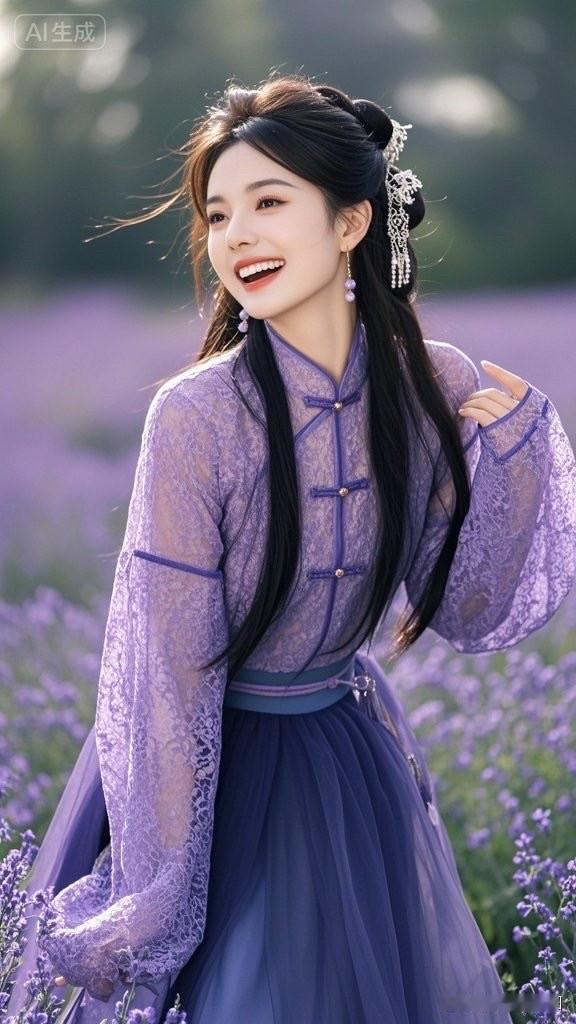 这个姑娘在花田里穿着漂亮的汉服。