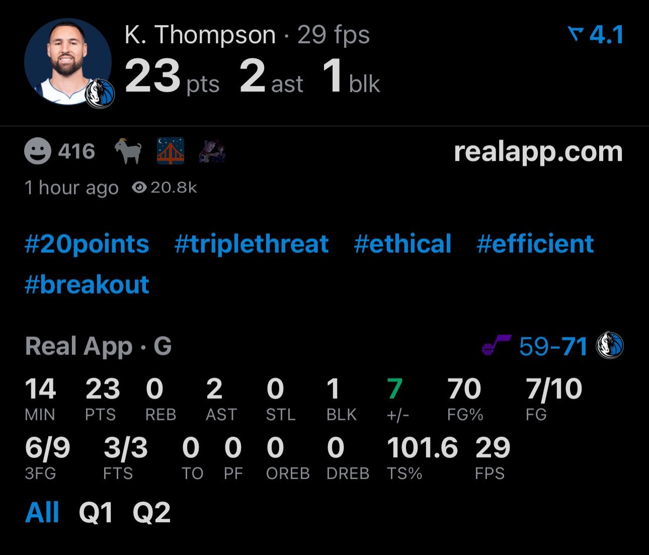 终于爆发，克莱今日半场23分，投篮10中7，三分9中6。独行侠大胜爵士。NBA