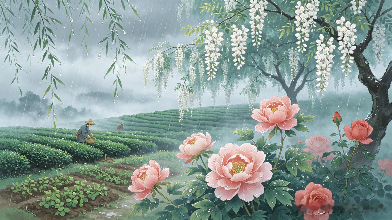 谷雨谣
今逢谷雨气萧森
昨夜甘霖打柳裙
流苏含情带清露
牡丹衔珠意动人
烟半散，