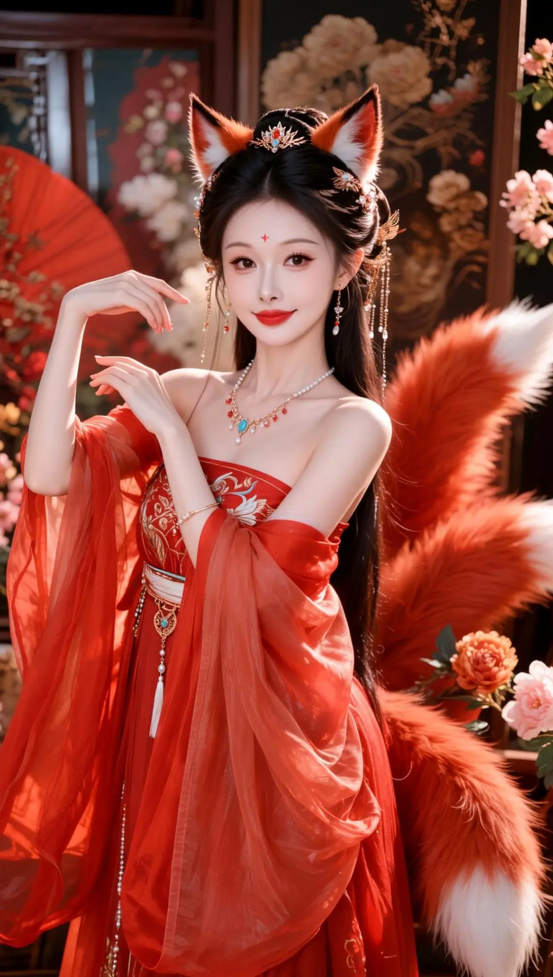 AI古风九尾狐写真照 红衣小狐娘 国风狐妖 国风狐妖cos风格