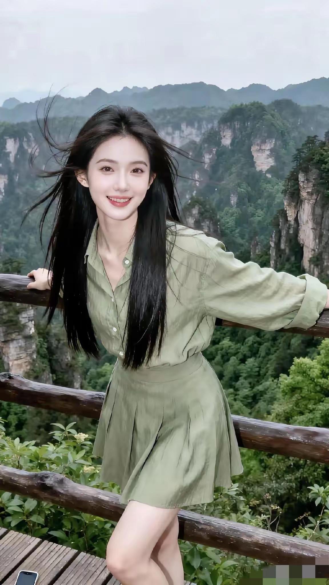 绿意盎然的山林间，少女轻盈漫步，裙摆随风飘扬，仿佛置身仙境。