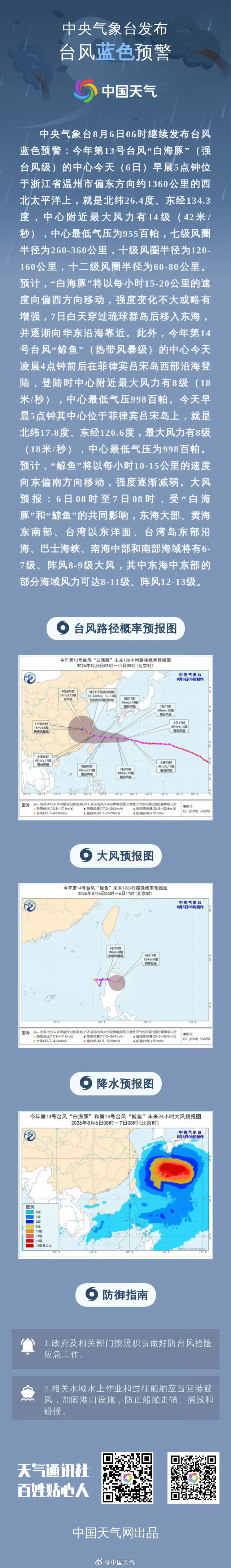 【中央气象台8月6日06时继续发布台风蓝色预警】最新消息：今年第13号台风“白海