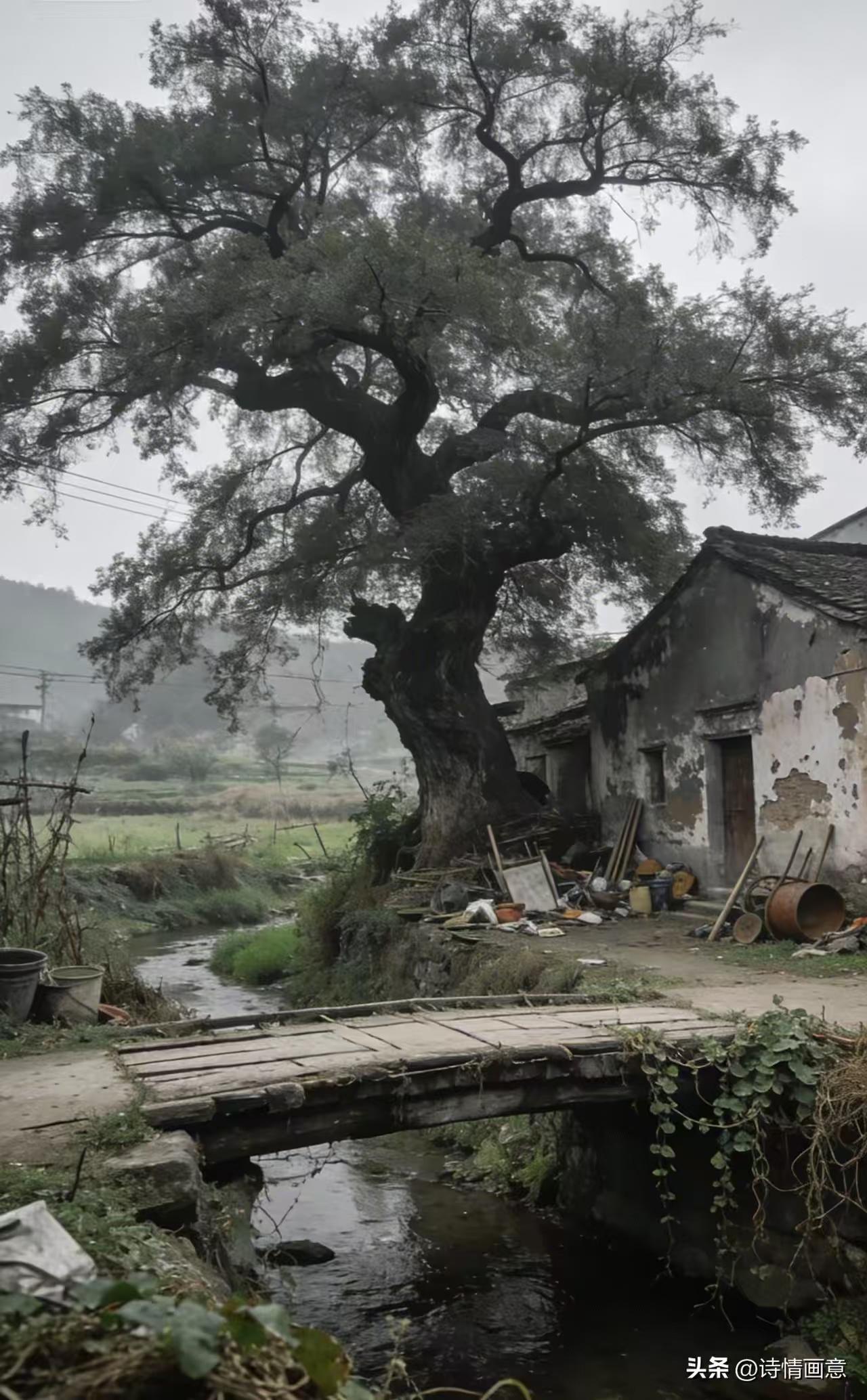 天净沙·乡愁
苍虬古树山巅，
雾锁溪桥寒烟，
旧垣残瓦流年。
乡愁一片，
尽在沧