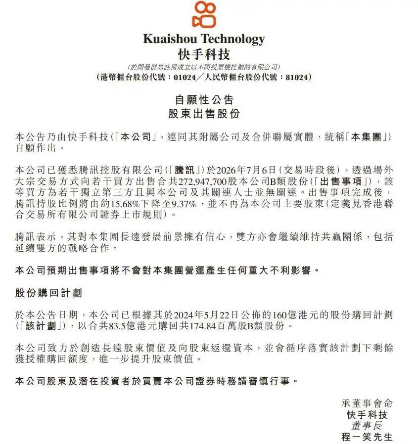 昨日晚间，快手科技在港交所发布自愿性公告，披露腾讯控股已于2026年7月6日盘后