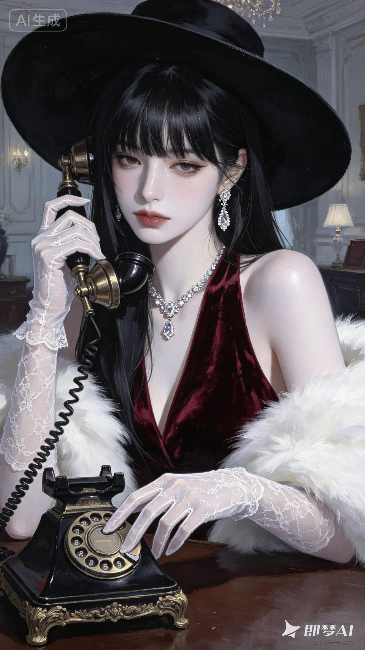 一个穿着复古礼服的女人在打电话。