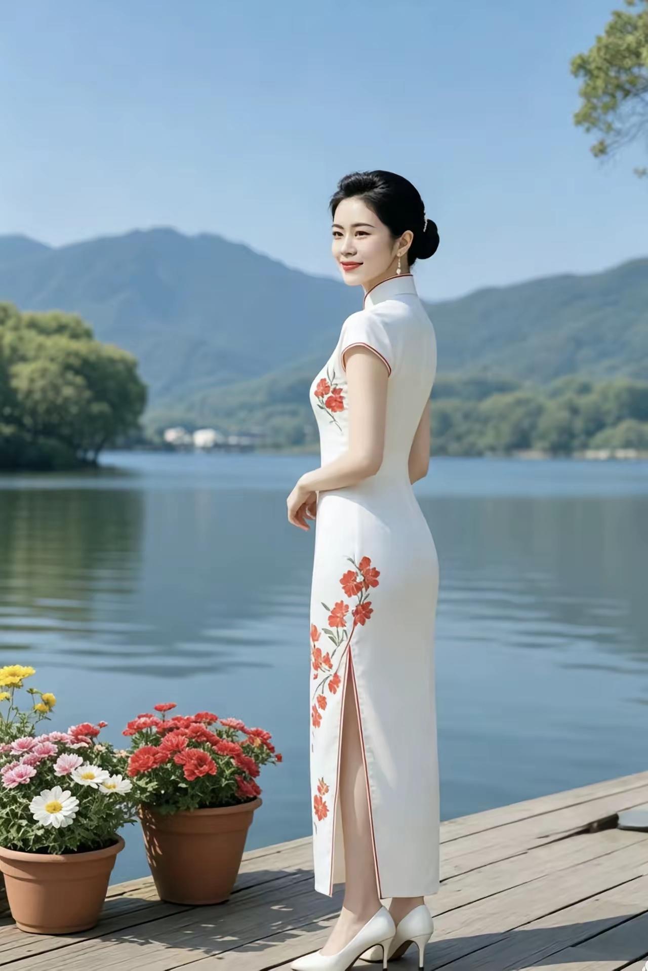优雅的旗袍与自然美景的完美融合，尽显东方韵味。