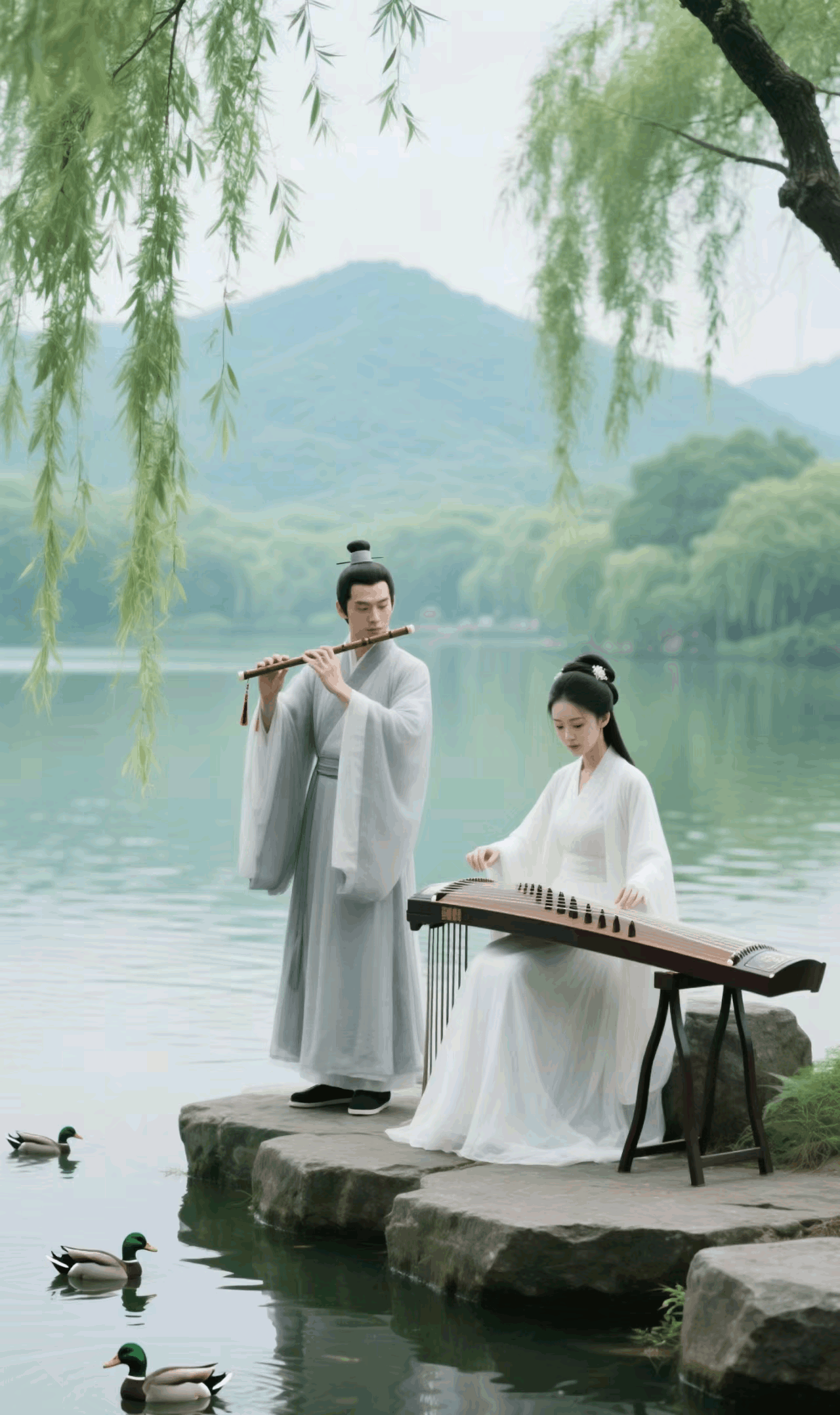 上联：青山不墨千秋画，
下联：绿水带弦万古情。