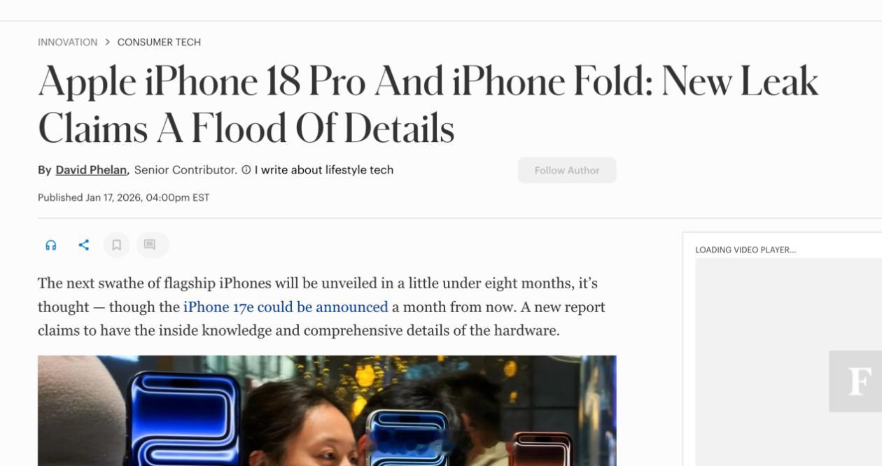 【iPhone18Pro细节全曝光】福布斯报道称，据最新爆料，苹果下一代旗舰iP