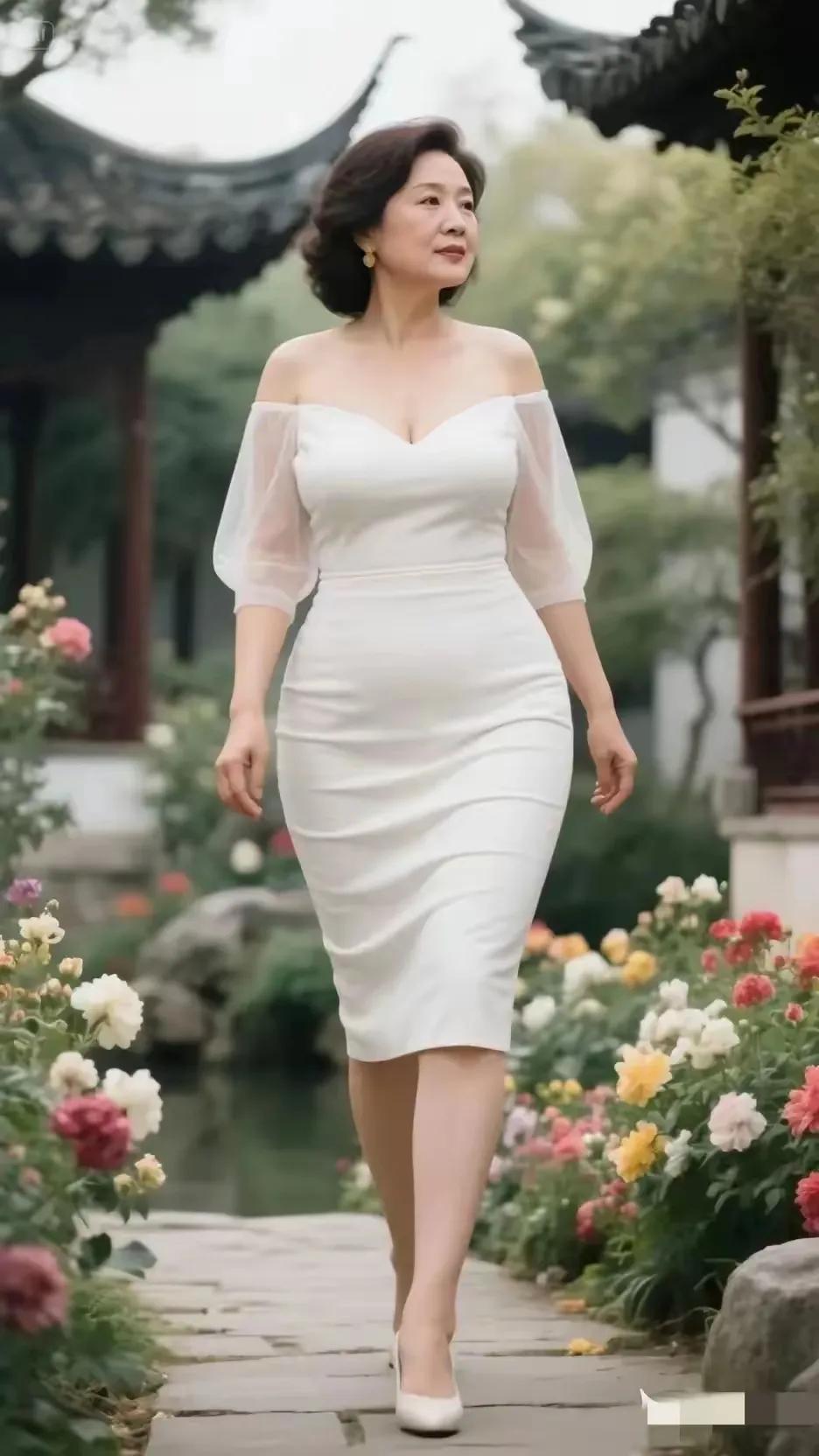 江疏影一袭挂脖白裙，袅袅婷婷漫步于江南庭院。白裙似云朵般轻盈，映衬着她温婉的气质