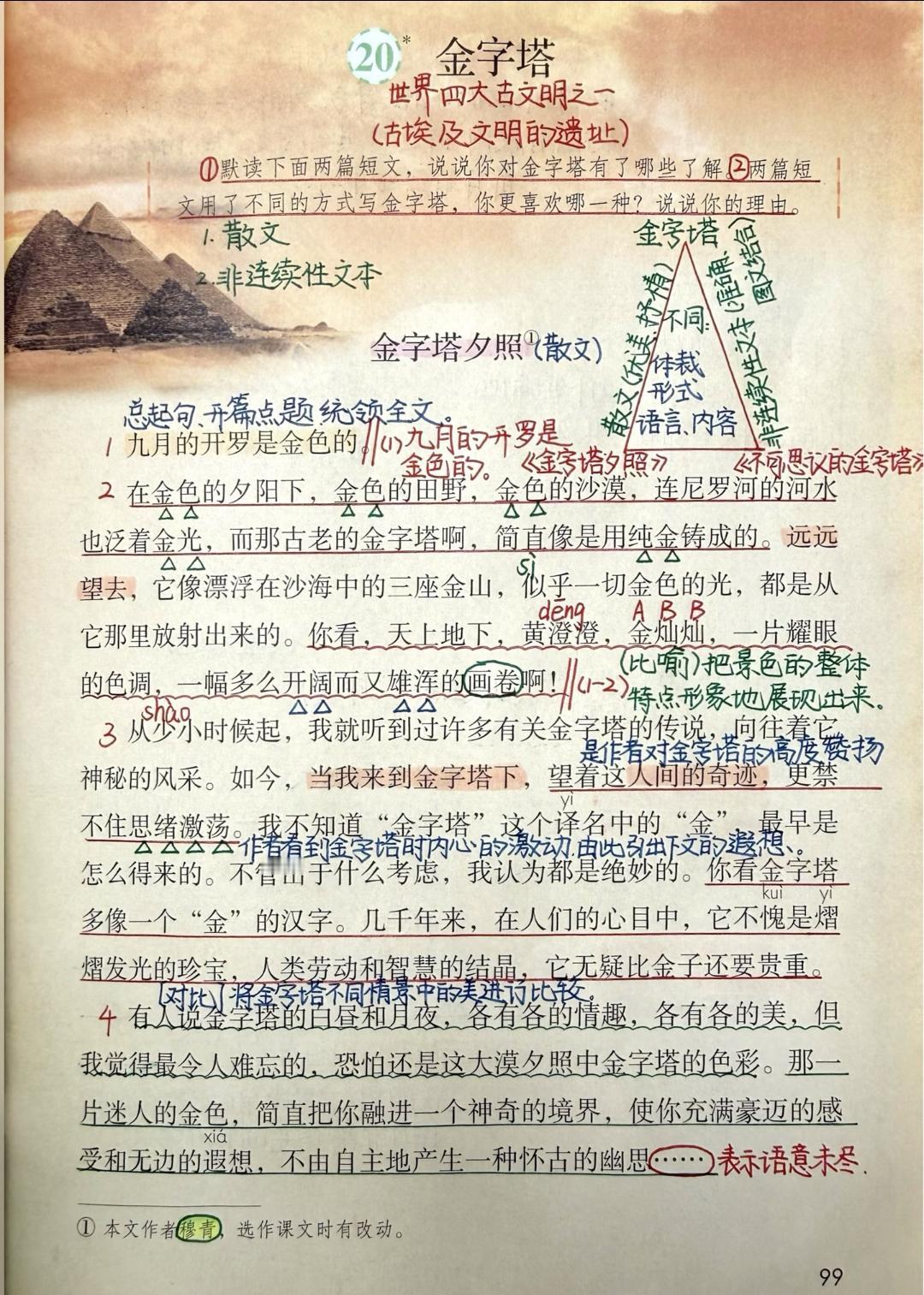 五年级下册语文，第20课《金字塔》课堂学习笔记，收藏复习~五年级语文