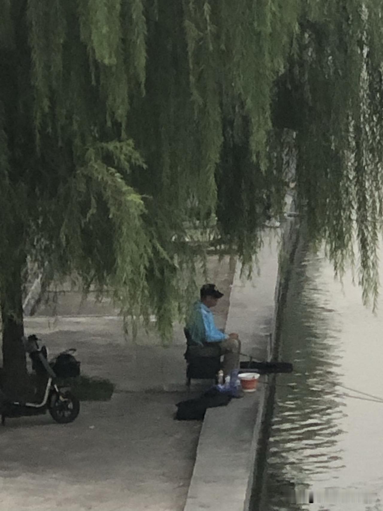 一个人在河边钓鱼，好悠闲。